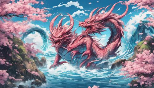 Dragon,cherry blossoms,water,waves,oni