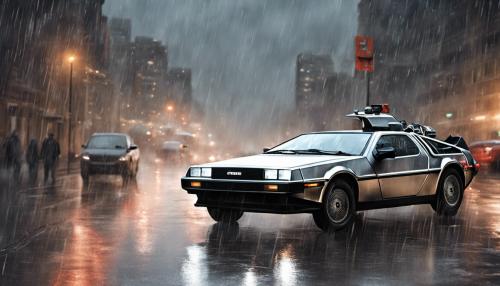 DeLorean in the city, rain storm