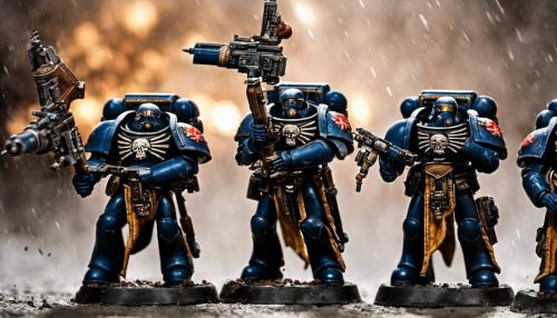 Un grupo de marines espaciales de la legion de los amos de la noche de Warhammer 40.000 lo mas detallados posible y que se encuentren en una batalla bajo la lluvia