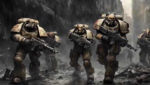 Un grupo de marines espaciales de la legion de los amos de la noche de Warhammer 40000 de manera realista, en una ciudad destruida y lloviendo