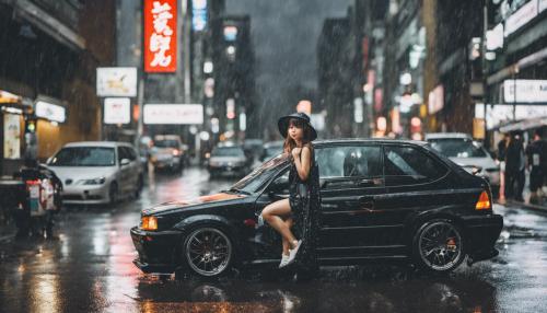 Tokyo raining with a jdm car and Japanese girl