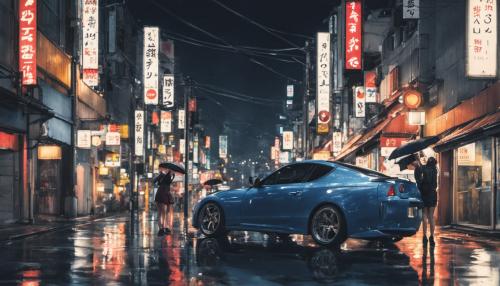 Jdm and Japanese girl in Tokyo night time and raining