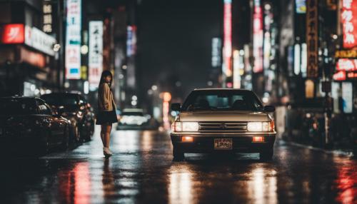 Jdm car and Japanese girl in Tokyo while its night time and raining