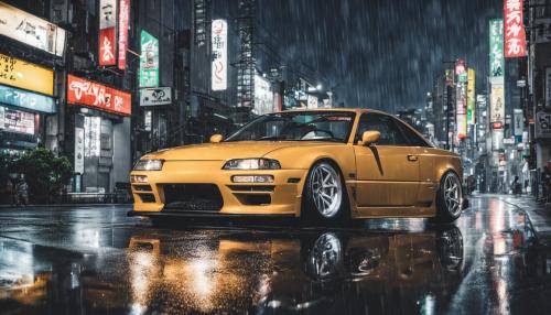 Jdm car and girl in tokyo raining and night