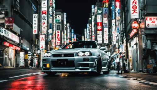 Nissan r34 in tokyo at night with a girl