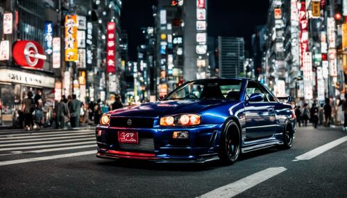 Nissan r34 in tokyo at night with a girl