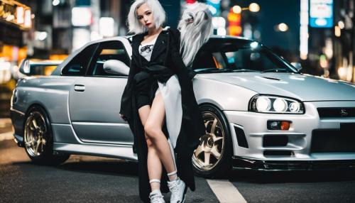 A beautiful girl with white hair next to a nissan r34 in tokyo at night