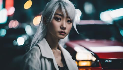 A beautiful Japanese girl with white hair in tokyo next to a nissan r34 at night