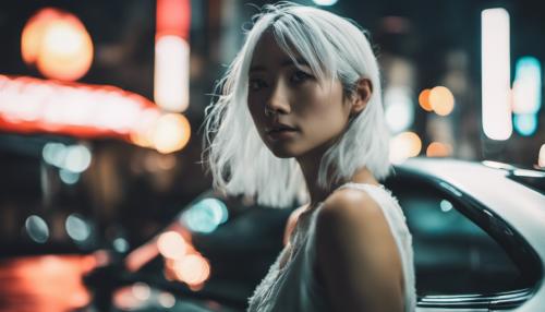 A beautiful Japanese girl with white hair in tokyo next to a nissan r34 at night