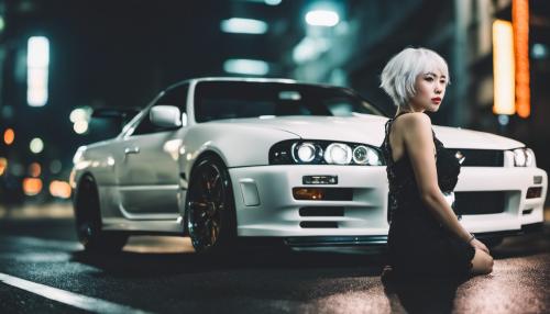 A beautiful Japanese girl with white hair in tokyo next to a nissan r34 at night