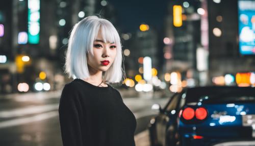 Beautiful Japanese girl with white hair wearing a crop top next to r34 in Tokyo at night