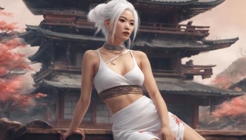 Japanese goddess with white hair wearing a crop top with mini skirt, sitting on r34