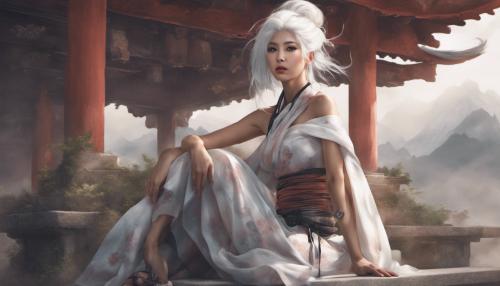 Japanese goddess with white hair wearing a crop top with mini skirt, sitting on r34