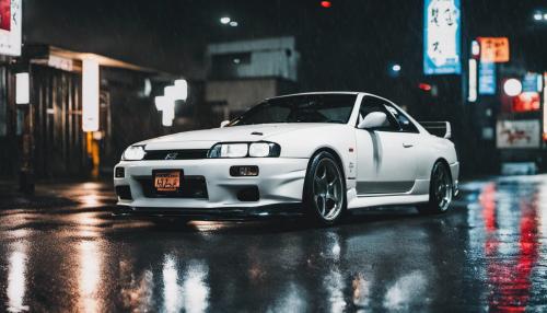 Japanese girl with white hair and tattoos, nissan r33, tokyo, night, rain