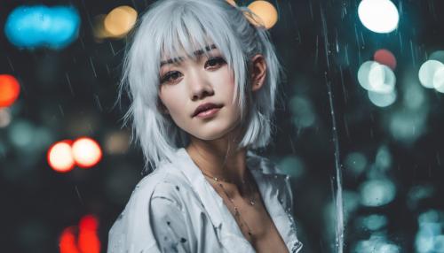 Japanese girl with white hair and tattoos, nissan r33, tokyo, night, rain