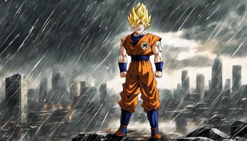 1 Armed Future Gohan standing in the rain with a destroyed city Landscape, Super Saiyan, HD, Masterpiece, Ripped clothes, 1 arm missing, perfect details