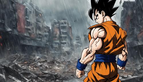 1 Armed Future Gohan standing in the rain with a destroyed city Landscape, Super Saiyan, HD, Masterpiece, Ripped clothes, 1 arm missing, perfect details