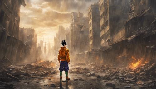 Future Gohan standing in a Destroyed city in rain fighting against android 17 and android 18 landscape, Super Saiyan Future Gohan, HD, Masterpiece, Gohan radiates a golden aura, perfect details 