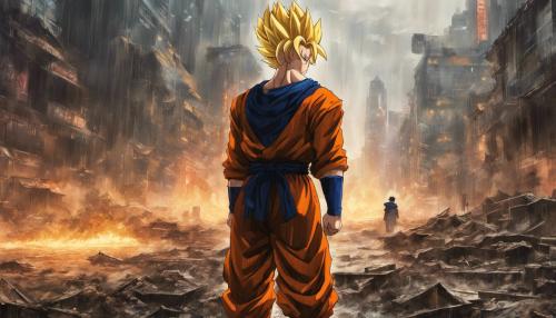 Future Gohan standing in a Destroyed city in rain fighting against android 17 and android 18 landscape, Super Saiyan Future Gohan, HD, Masterpiece, Gohan radiates a golden aura, perfect details 