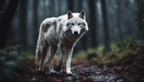 White wolf walking in rainy forest