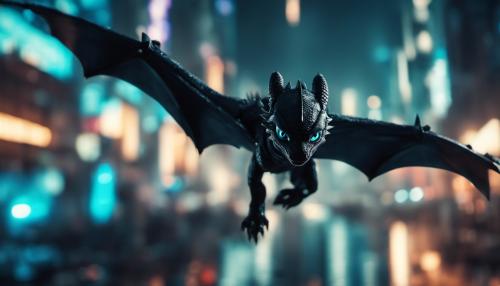 Night fury flying in bright cyberpunk city