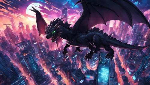 Night fury dragon flying in cyberpunk city