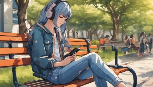 girl sitting on a park bench on her phone and listening to music, whilst wearing jeans and flip-flops