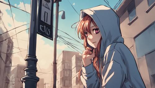 anime girl in a hoodie, jeans and flipflops leaning on a lamppost