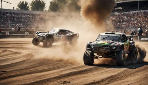 A highly photorealistic image of a off road race track, complete with precise replicas of the world’s most iconic heavy noun, captured at the moment of a sharp turn, with smoke and sparks flying from under the wheels and the noun drifting around the bend. The image captures the excitement of the moment, with happy and noisy fans cheering and waving in the background.