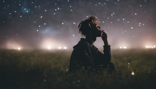 Juice wrld smoking in a meadow under the stars with a light fog