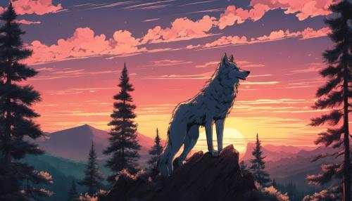 Wolf standing over a pine forest and sunset