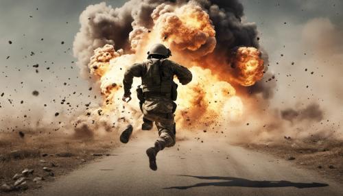 Soldier running from explosions