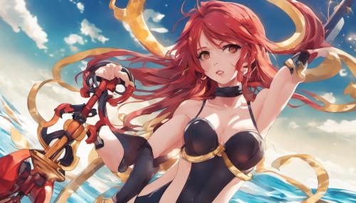 Attractive female keyblade wielder in swimsuit, red elegant hair, hour glass figure, thighs highs, 