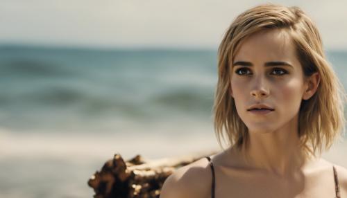 Emma Watson with log blonde hair and  wearing a bikini