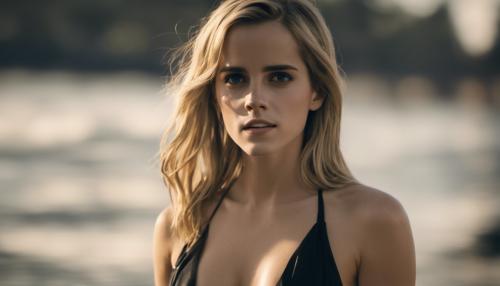 Emma Watson in long blonde hair wearing a black bikini