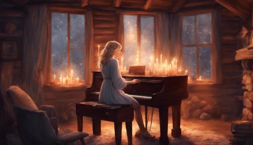 Taylor Swift in a cardigan in a cabin playing piano candle light cozy