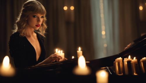 Taylor Swift playing piano in a black dress candle light