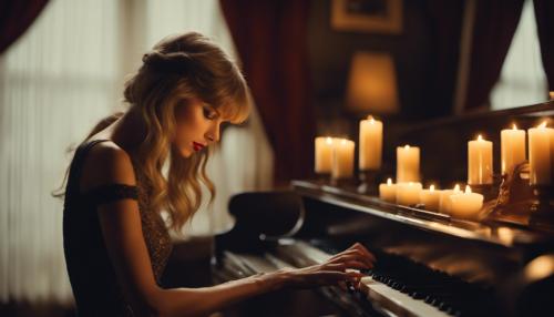 Taylor Swift playing piano cozy cabin candle light