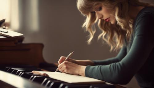 Taylor Swift writing in notebook on piano cozy