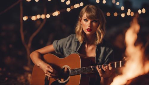 Taylor Swift playing guitar at camp fire under the stars