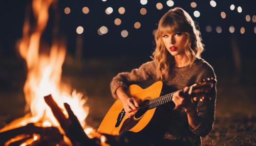 Taylor Swift playing guitar at camp fire under the stars