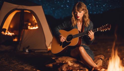 Taylor Swift playing guitar at camp fire under the stars