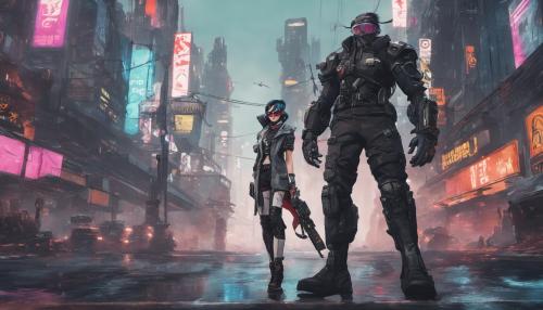 Bayonetta and Wraith from apex legends crossover in a cyberpunk city background.  Standing in the middle of the street.  In a dominate poses or stance.  People are walking by turning their heads to see