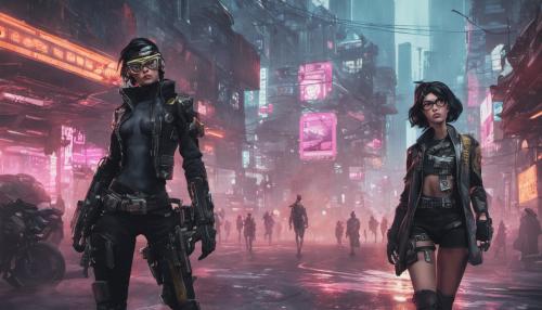 Bayonetta and Wraith from apex legends crossover in a cyberpunk city background.  Standing in the middle of the street.  In a dominate poses or stance.  People are walking by turning their heads to see