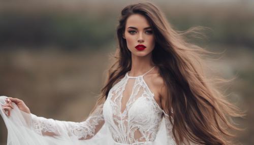 long hair brunette red lipstick see through long white dress