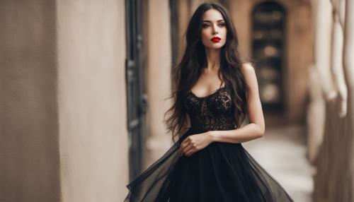 full body long hair brunette with red lipstick black see through dress