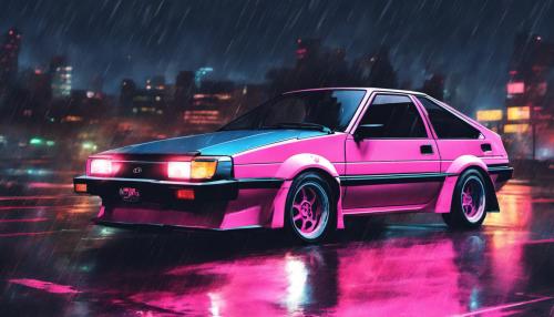 Toyota AE86 at night, rainy, pink and blue lighting