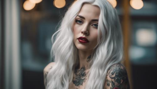 Full bodied tattoed woman with long white hair with lipstick