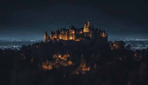 Castle in the distance from city at night, scary 4k