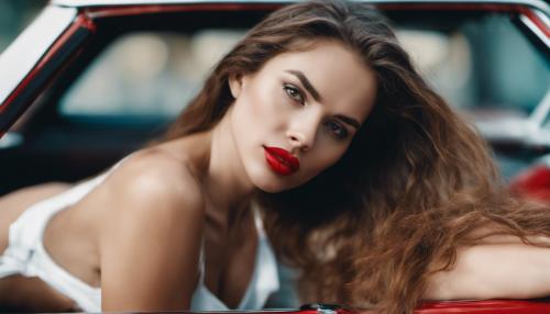 full figure of a woman in very long brown hair with red lipstick wearing a white bikini lying on a car facing forward 